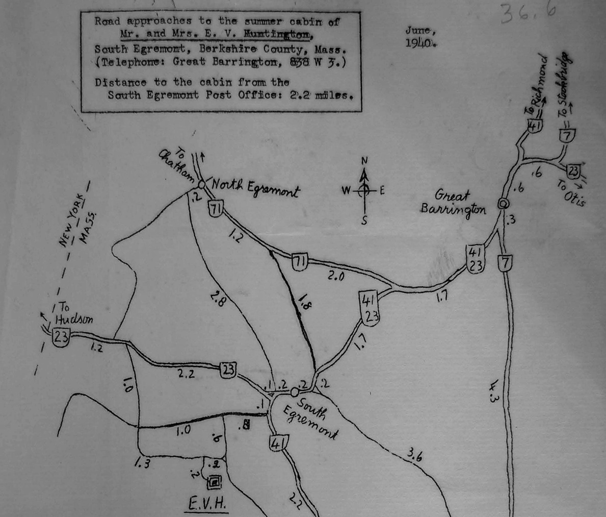 image of mimeographed map to Huntington's cabin in the Berkshires