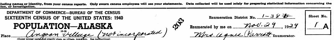Excerpt of sheet 1a for enumeration district 1-38 showing Mrs. Agnes Parrott's signature