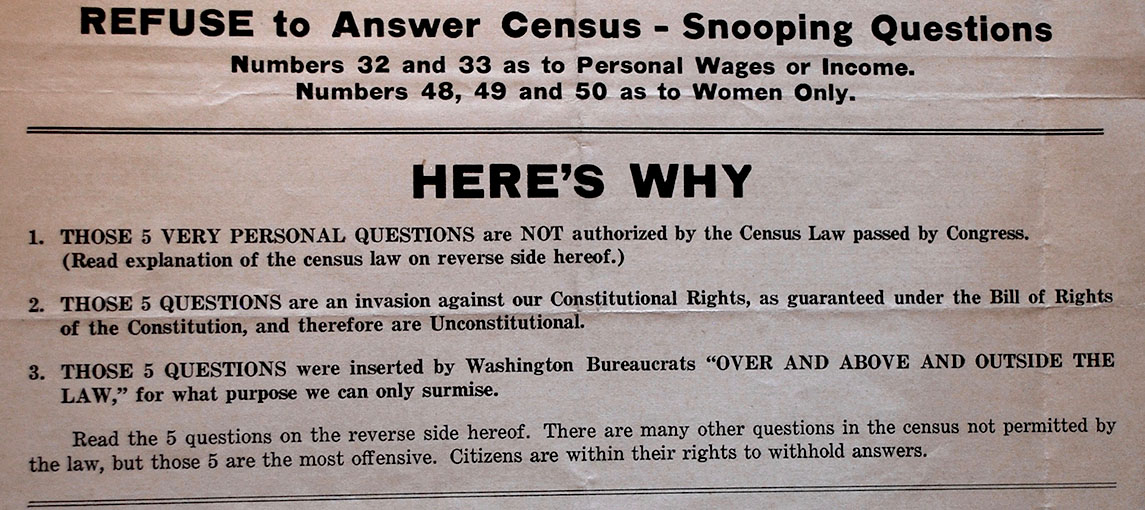 photograph of handbill headlined "Refuse to Answer Census-Snooping Questions. Numbers 32 and 33 as to Personal Wages or Income. Numbers 48, 49 and 50 as to Women Only."