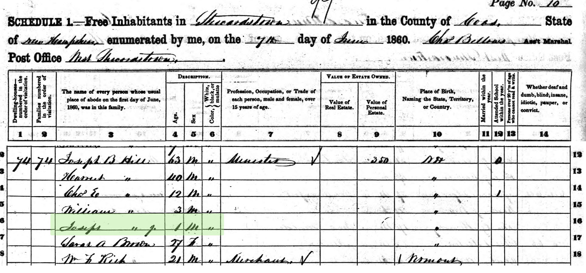 census entry for 1-yr-old Joseph A Hill