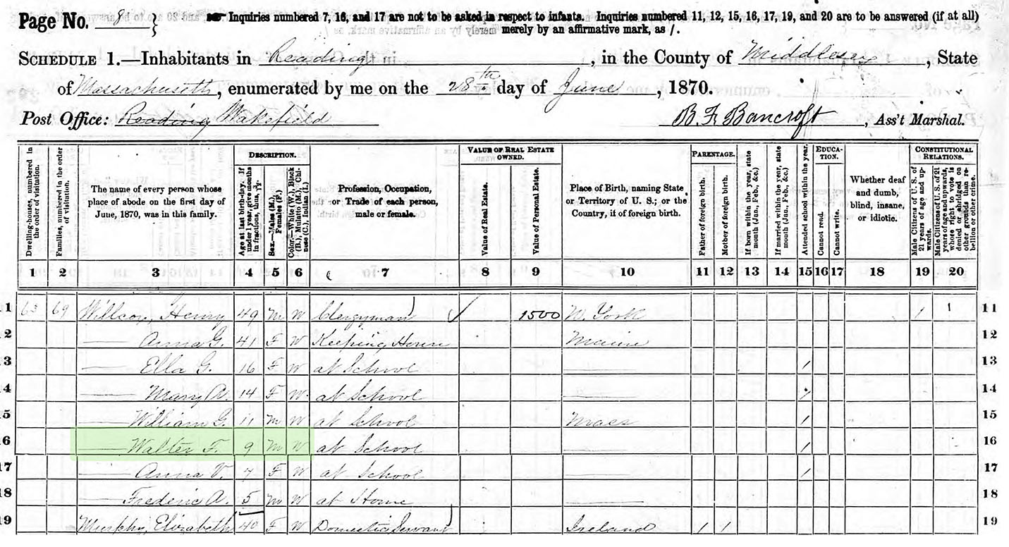 census entry for 9-year-old Walter Willcox