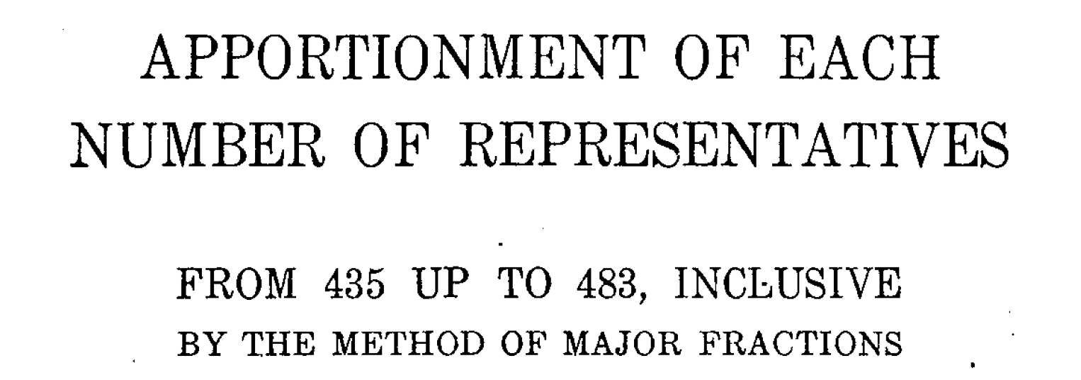 image of a report title that reads Apportionment of Each Number of Representatives from 435 Up to 483 Inclusive by the Method of Major Fractions