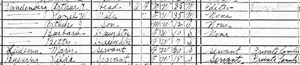 census enumeration of Vandenberg, his wife, three children, and two servants in 1920