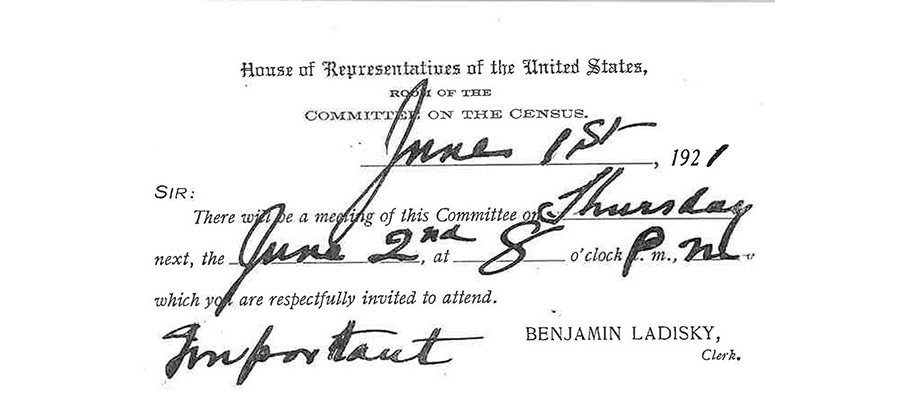 House of Representatives of the United States, Room of the Committee on the Census. Sir: There will be a meeting of the Committee on Thursday next, the June 2nd, at 8 o'clock PM, which you respectfully invited to attend.