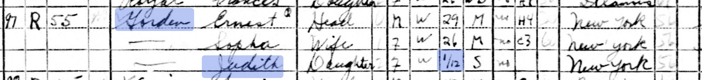 census sheet excerpt showing Judith Gordon, as well as Ernest and Sophia