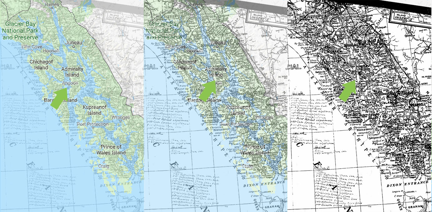 Three images side-by-side showing the location of Angoon on a 1940 Census map overlaid (at varying opacities) on a Google map