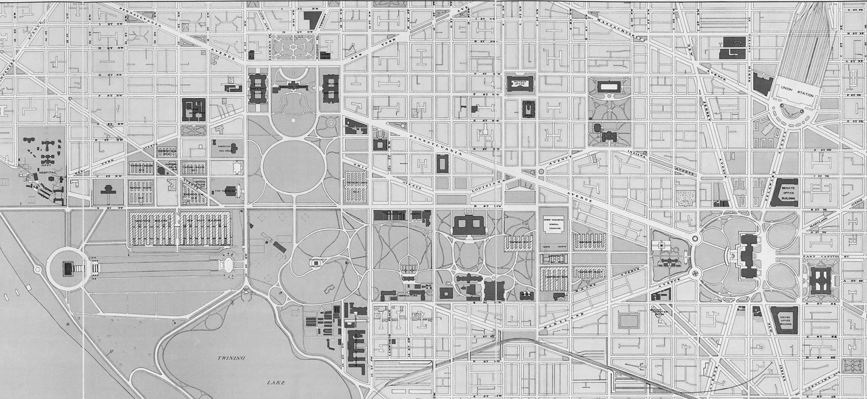 map of Capitol area of Washington DC, black and white, showing government buildings