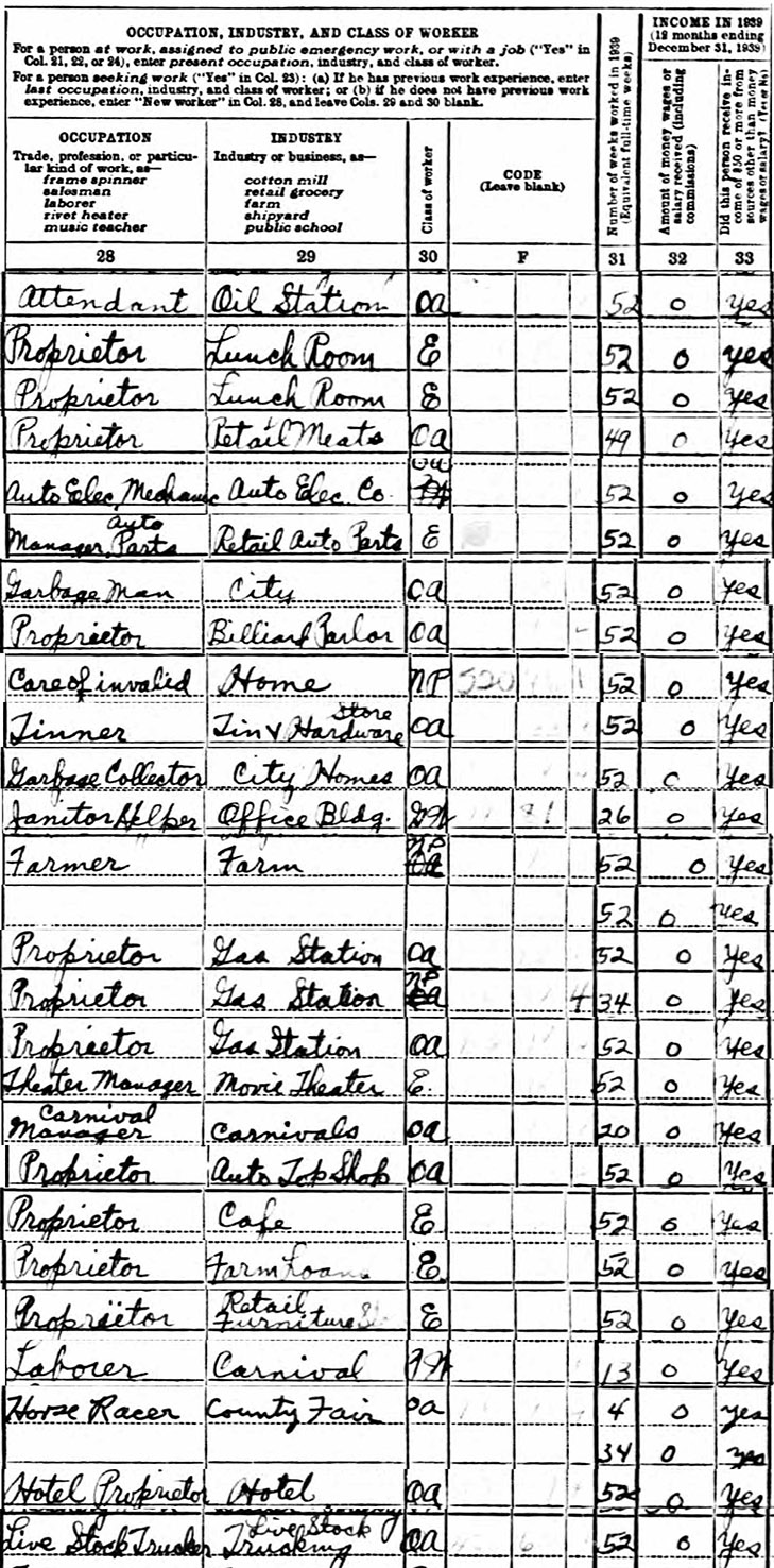 collection of excerpts from census schedules showing individuals who worked 52 weeks, were paid 0 wages, and said "yes" that they earned $50 or more in other income.