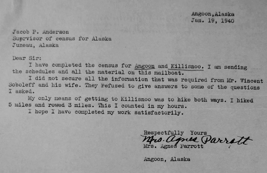 Mrs. Agnes Parrott of Angoon, Alaska to Jacob P. Anderson, Supervisor of Census for Alaska 19 January 1940