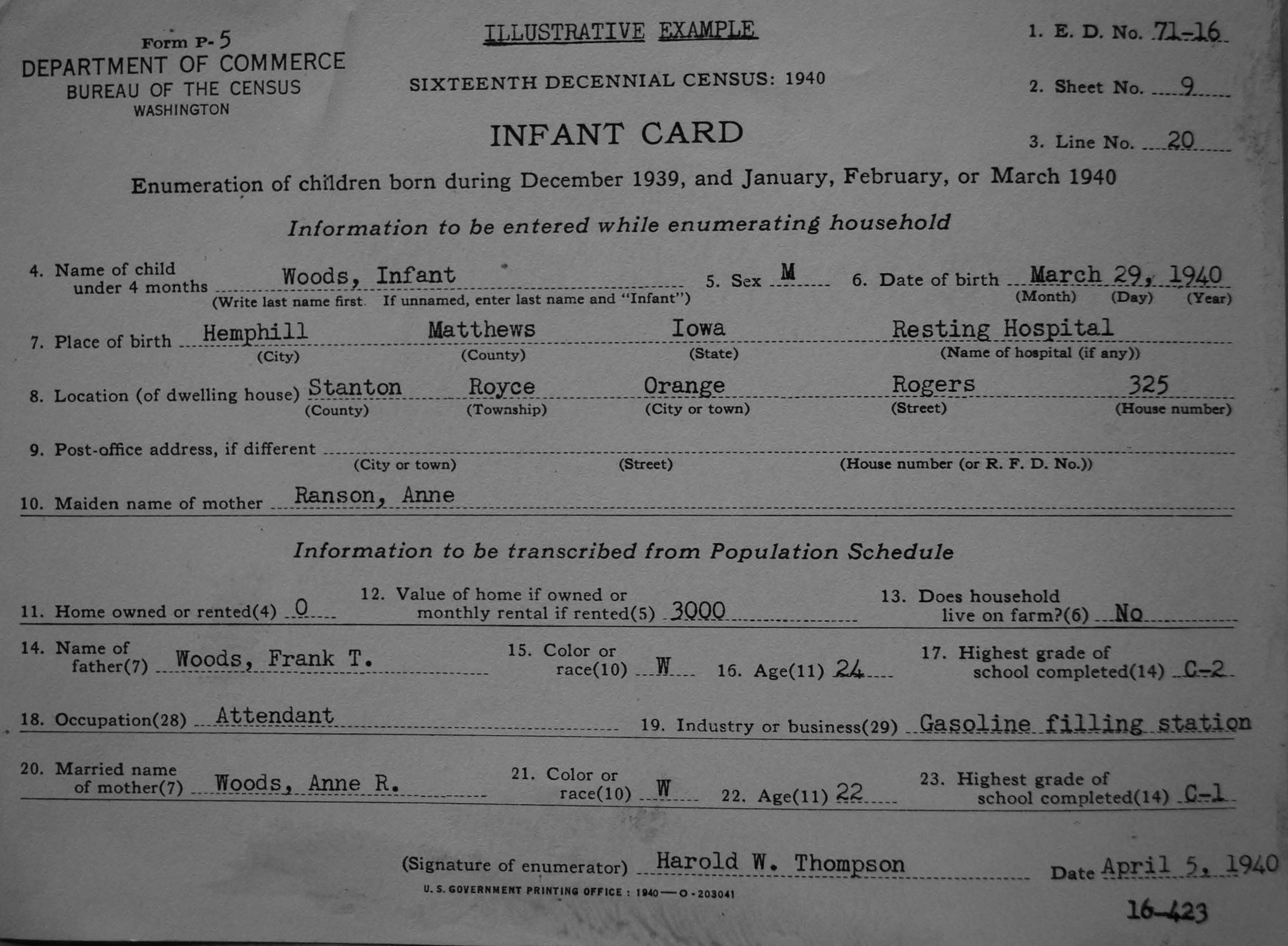an illustrative example of a filled out Infant Card
