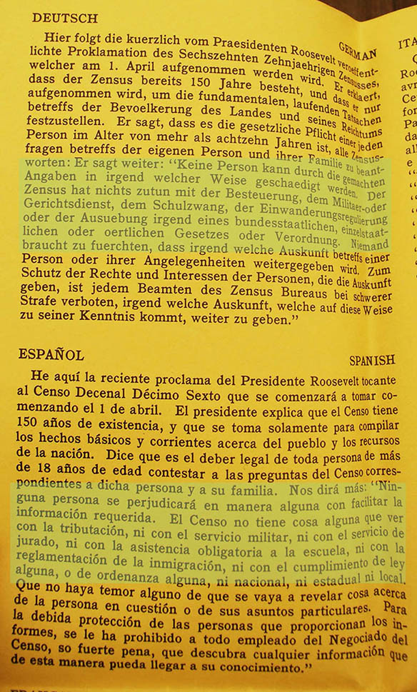from 16th decennial census proclamation poster, German & Spanish text saying the same as that said to the above statement