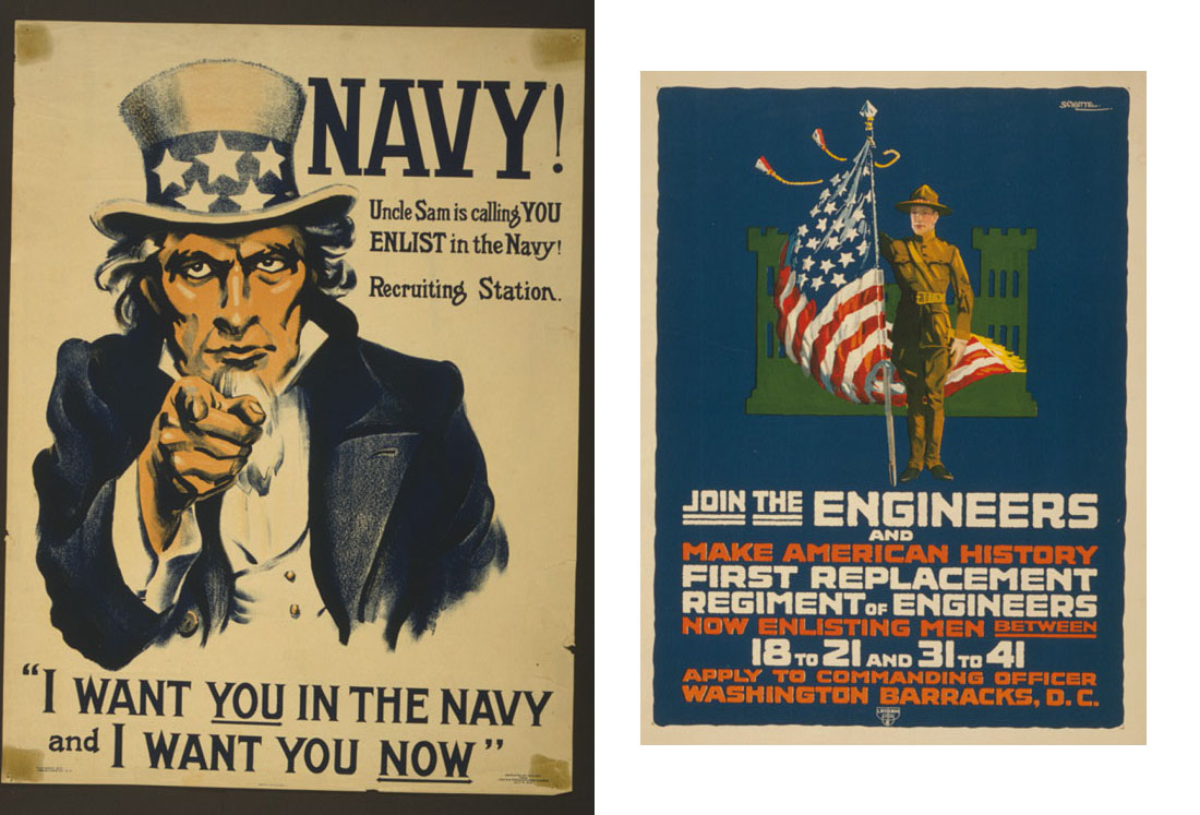 poster depicting Uncle Sam saying "I want you in the Navy" and another poster calling for volunteers to join the Army engineers